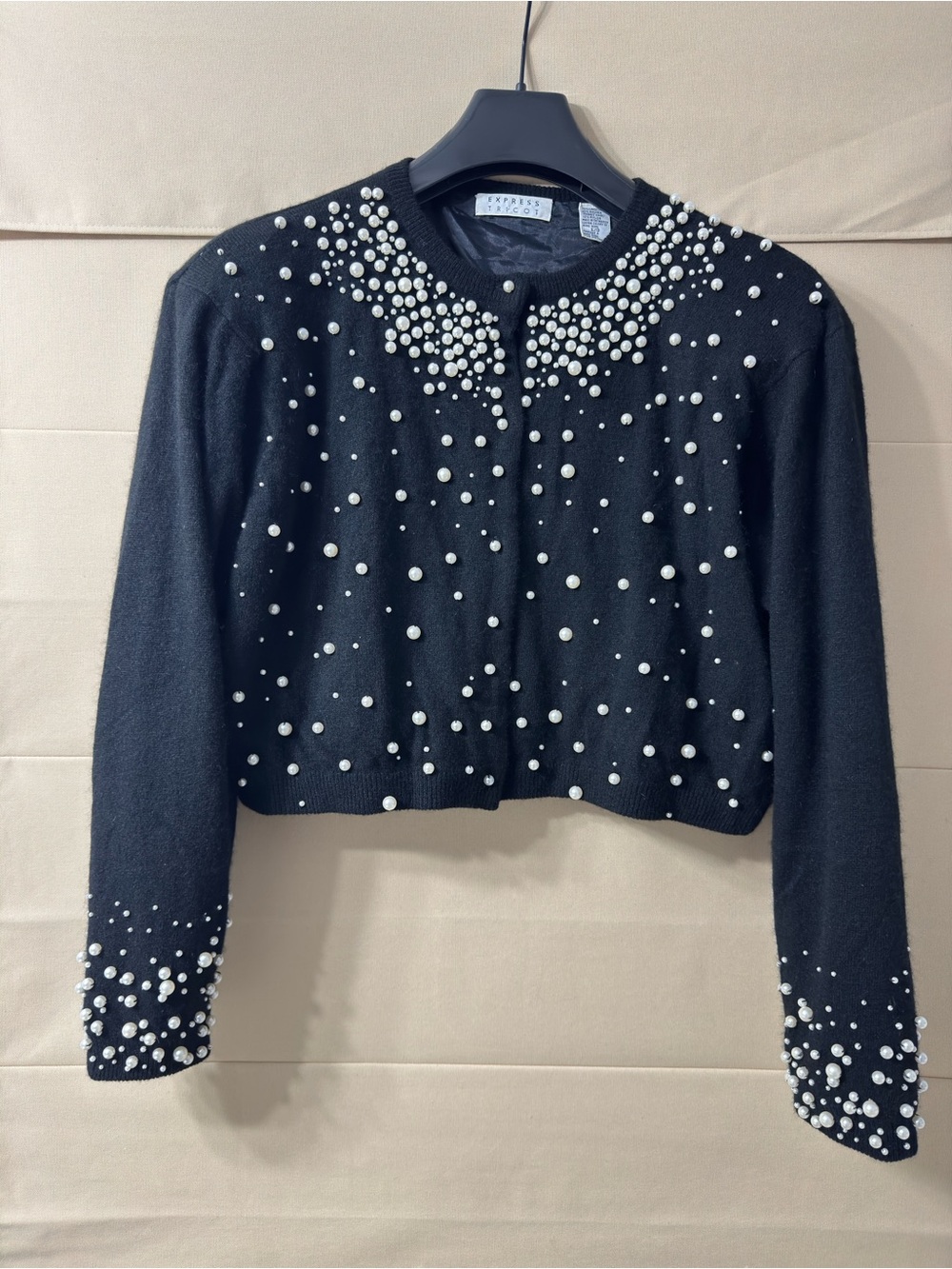 Embellished Black Pearl Cardigan Soft Wool Jacket